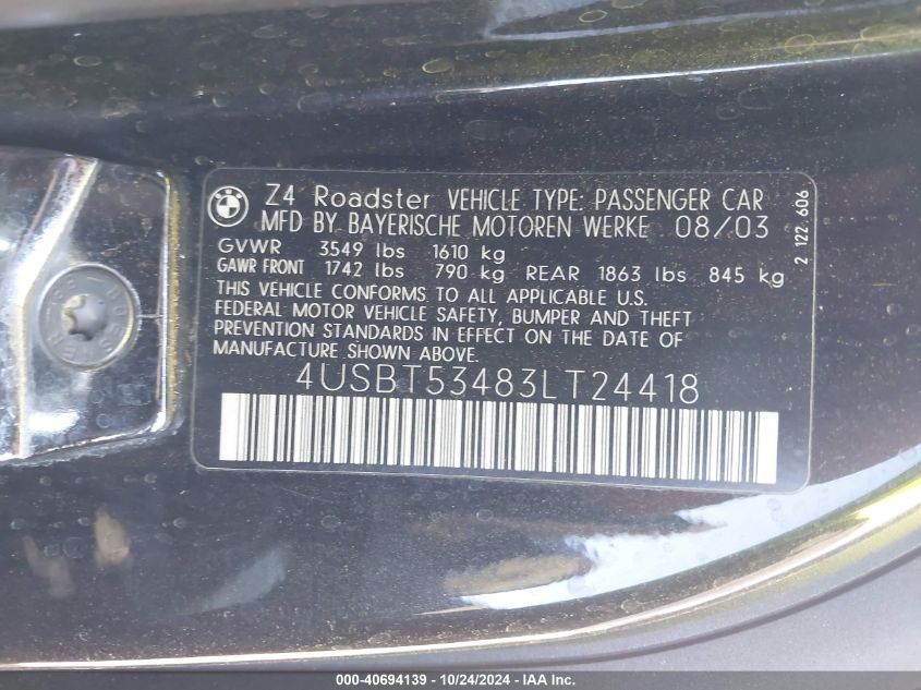 2003 BMW Z4 3.0I VIN: 4USBT53483LT24418 Lot: 40694139