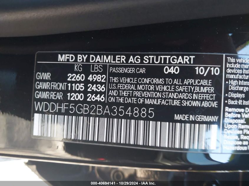 2011 Mercedes-Benz E 350 VIN: WDDHF5GB2BA354885 Lot: 40694141