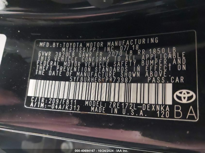 2019 TOYOTA COROLLA VIN: 5YFBURHE6KP873987