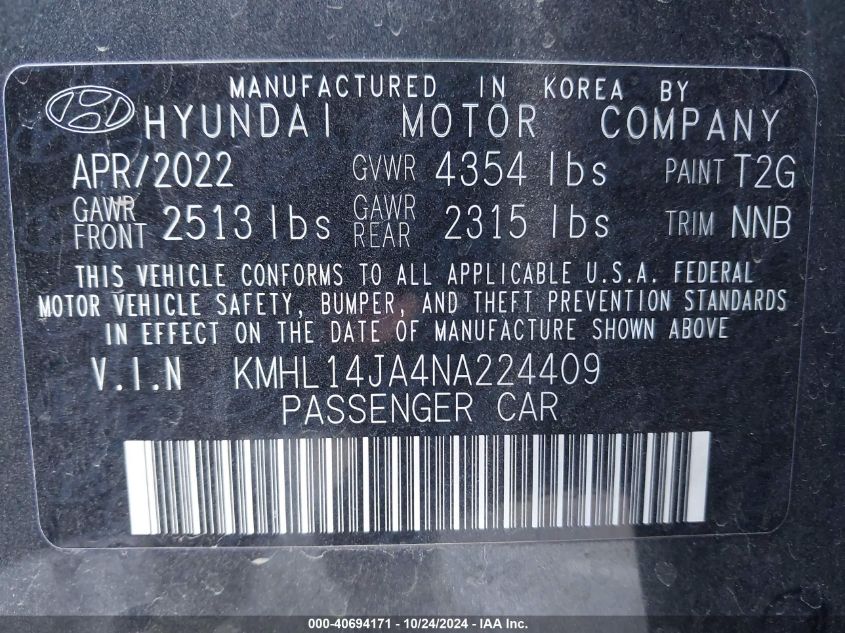 2022 Hyundai Sonata Sel VIN: KMHL14JA4NA224409 Lot: 40694171