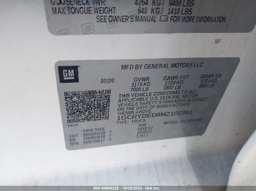 2021 Chevrolet Silverado 1500 4Wd Double Cab Standard Bed Lt VIN: 1GCRYDED8MZ102361 Lot: 40694228