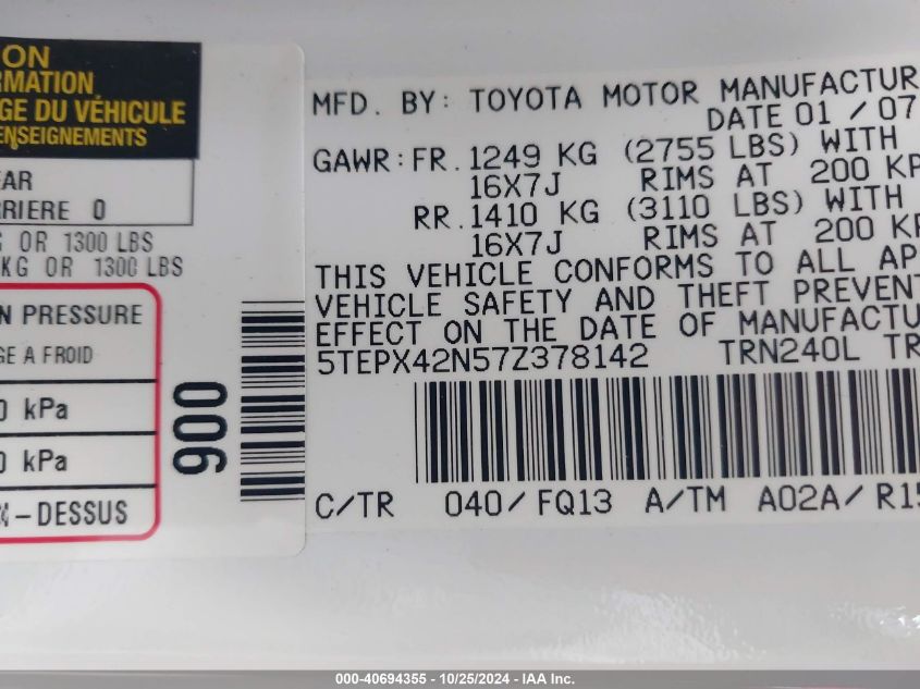 2007 TOYOTA TACOMA VIN: 5TEPX42N57Z378142