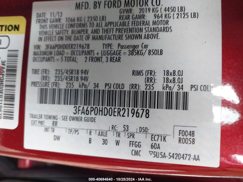 VIN 3FA6P0HD0ER219678 2014 Ford Fusion, SE no.9