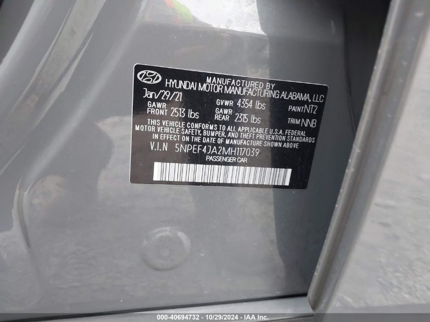 2021 Hyundai Sonata Sel VIN: 5NPEF4JA2MH117039 Lot: 40694732