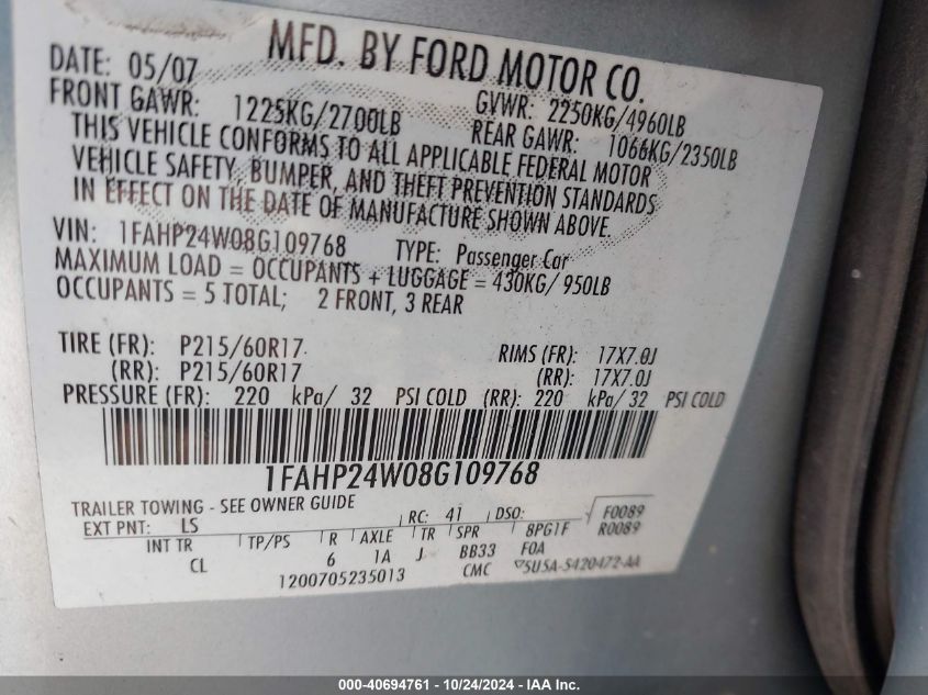 2008 Ford Taurus Sel VIN: 1FAHP24W08G109768 Lot: 40694761