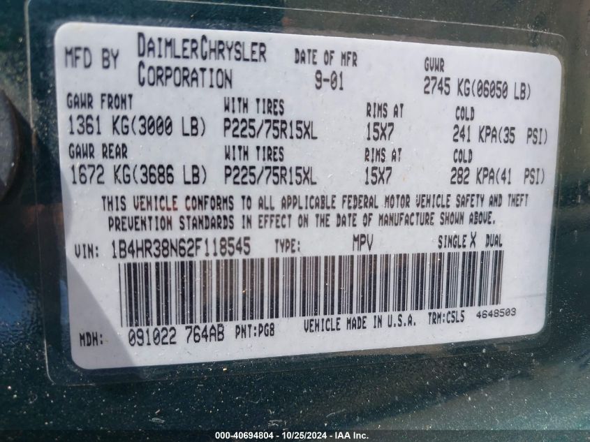 2002 Dodge Durango Sport VIN: 1B4HR38N62F118545 Lot: 40694804