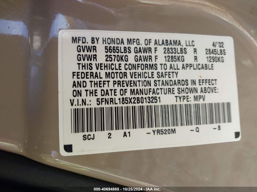 2002 Honda Odyssey Lx VIN: 5FNRL185X2B013251 Lot: 40694885