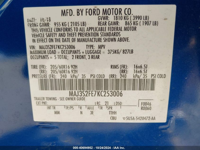 2019 Ford Ecosport S VIN: MAJ3S2FE7KC253006 Lot: 40694952