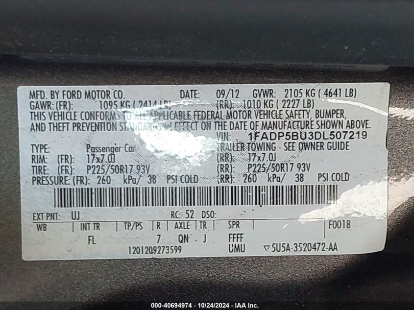 2013 Ford C-Max Hybrid Sel VIN: 1FADP5BU3DL507219 Lot: 40694974