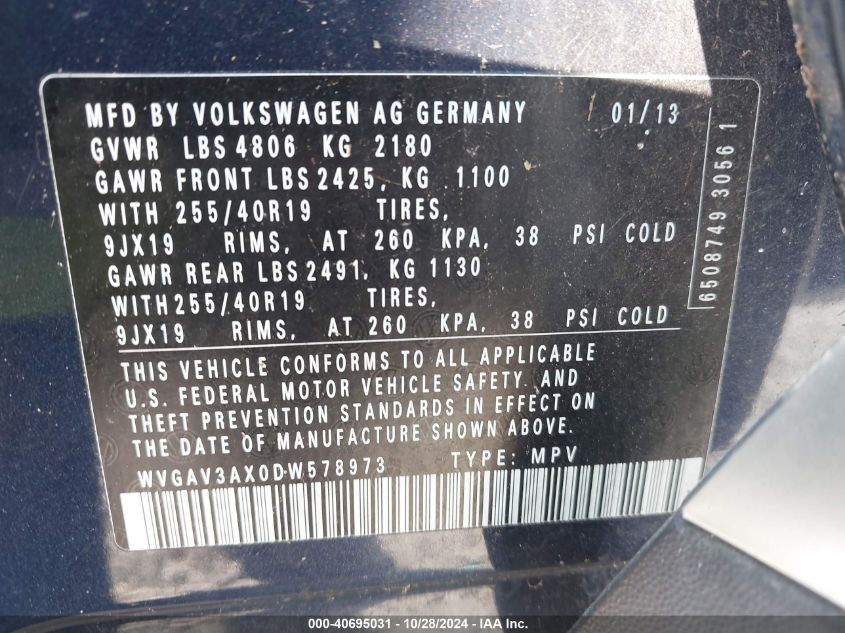 2013 Volkswagen Tiguan Sel VIN: WVGAV3AX0DW578973 Lot: 40695031