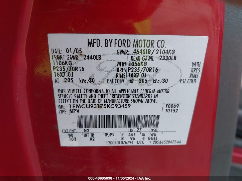 2005 Ford Escape Xlt VIN: 1FMCU93175KC93459 Lot: 40695098