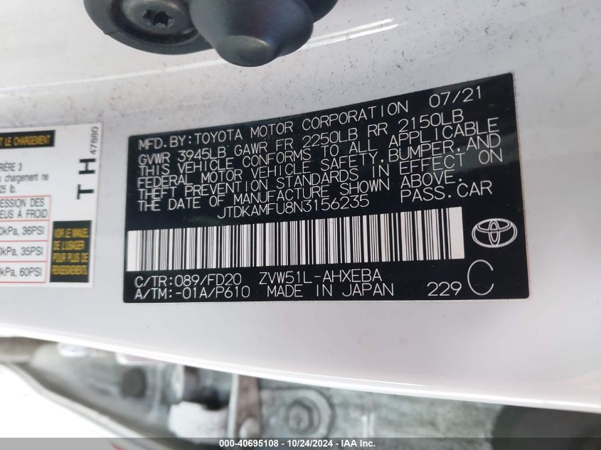 2022 Toyota Prius Le VIN: JTDKAMFU8N3156235 Lot: 40695108