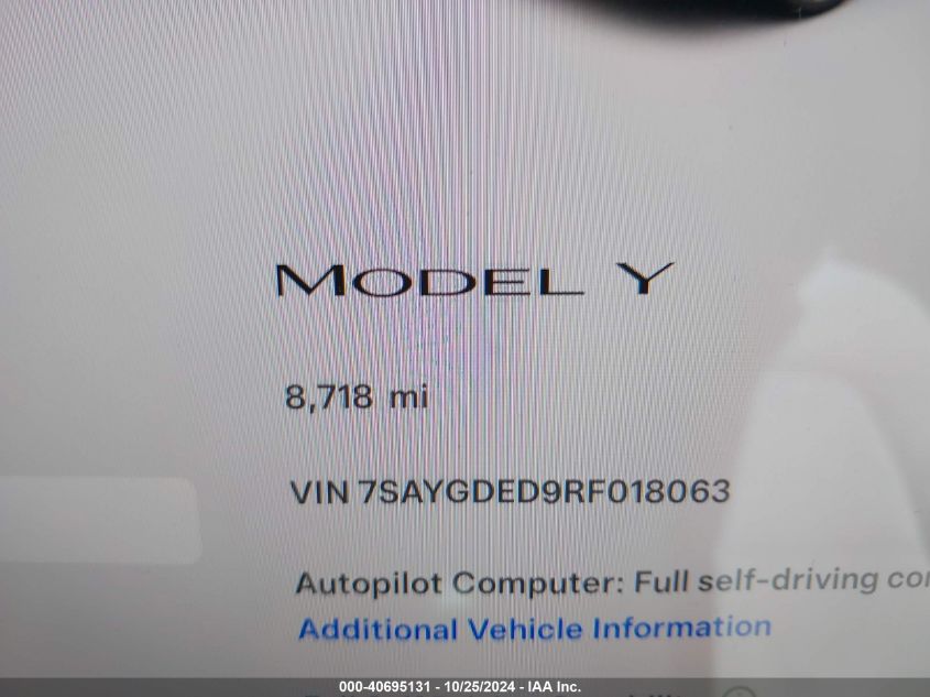 2024 Tesla Model Y Long Range Dual Motor All-Wheel Drive/Rwd VIN: 7SAYGDED9RF018063 Lot: 40695131