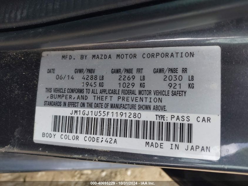 2015 Mazda Mazda6 I Sport VIN: JM1GJ1U55F1191280 Lot: 40695229