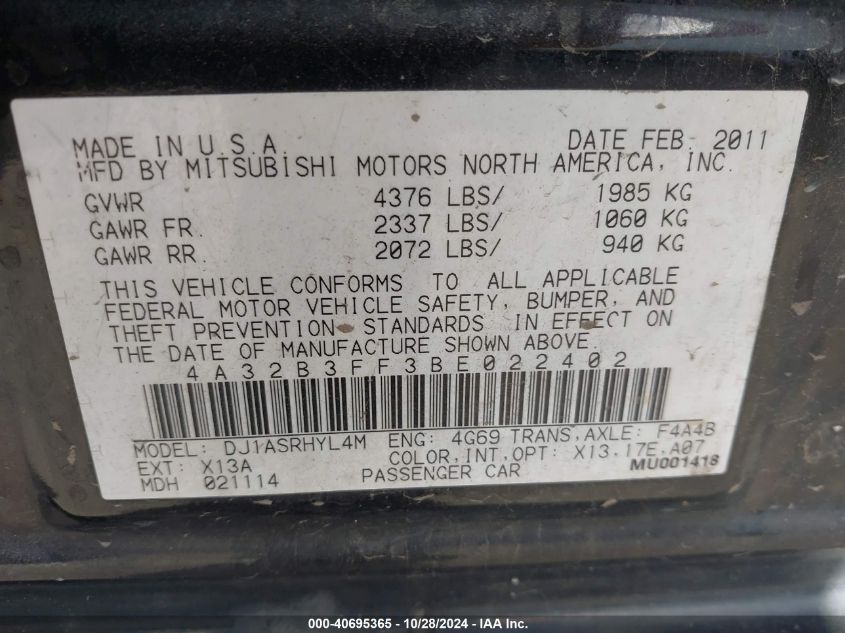 2011 Mitsubishi Galant Es/Se VIN: 4A32B3FF3BE022402 Lot: 40695365