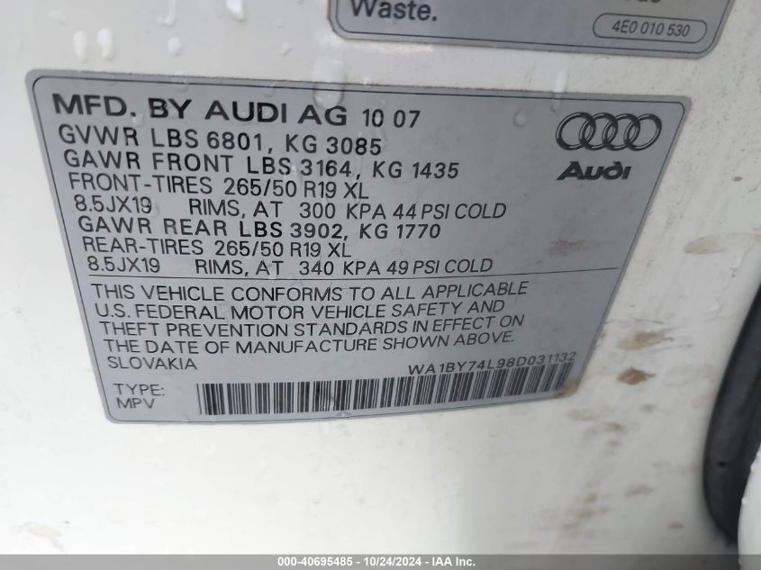 2008 Audi Q7 3.6 Premium VIN: WA1BY74L98D031132 Lot: 40695485