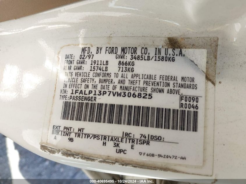1997 Ford Escort Lx VIN: 1FALP13P7VW306825 Lot: 40695495