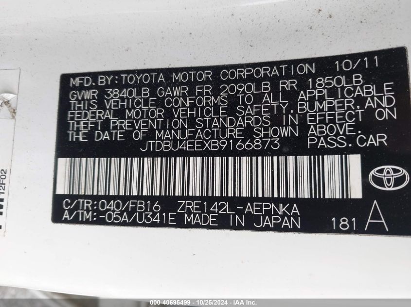 2011 Toyota Corolla Le VIN: JTDBU4EEXB9166873 Lot: 40695499