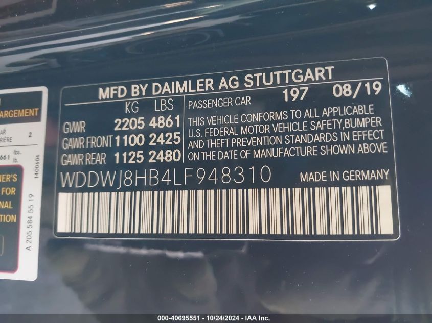 2020 Mercedes-Benz Amg C 63 S VIN: WDDWJ8HB4LF948310 Lot: 40695551