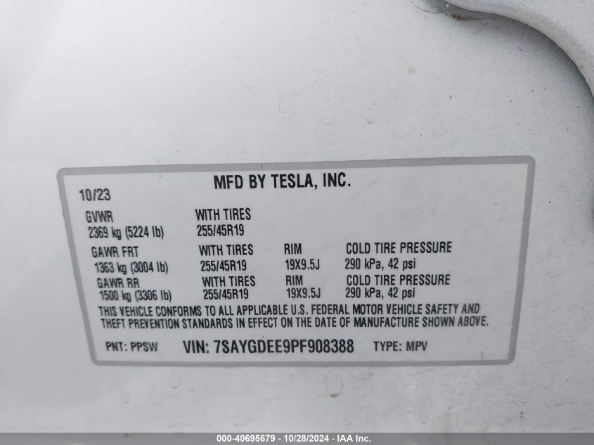 VIN 7SAYGDEE9PF908388 2023 Tesla Model Y, Awd/Long... no.9