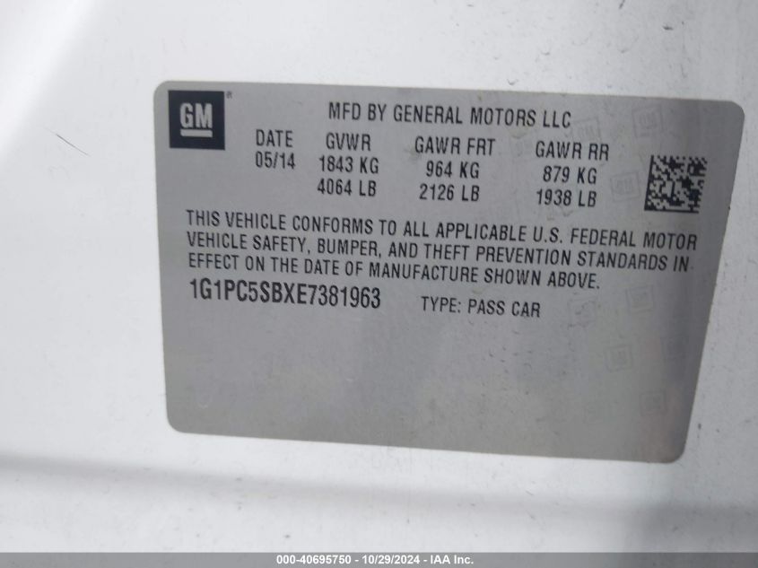 2014 CHEVROLET CRUZE VIN: 1G1PC5SBXE7381963