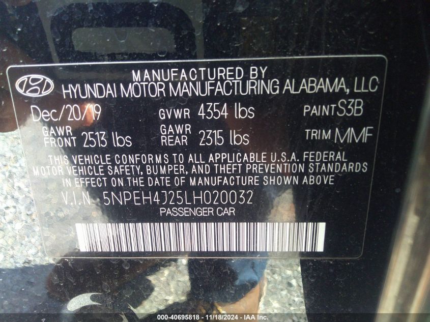 2020 Hyundai Sonata Limited VIN: 5NPEH4J25LH020032 Lot: 40695818