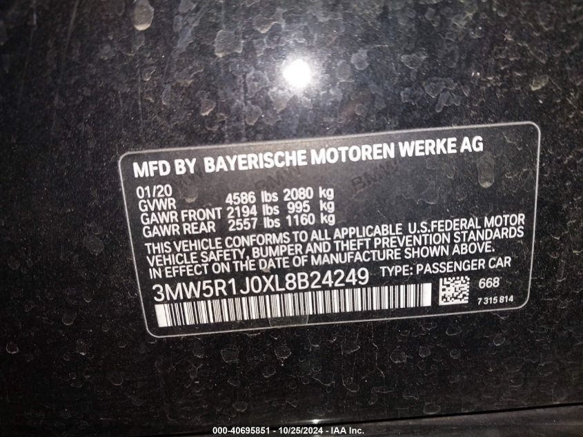 2020 BMW 330I VIN: 3MW5R1J0XL8B24249 Lot: 40695851