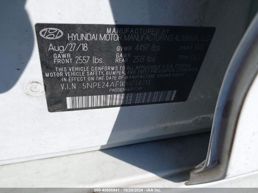 2019 Hyundai Sonata Se VIN: 5NPE24AF1KH734713 Lot: 40695941