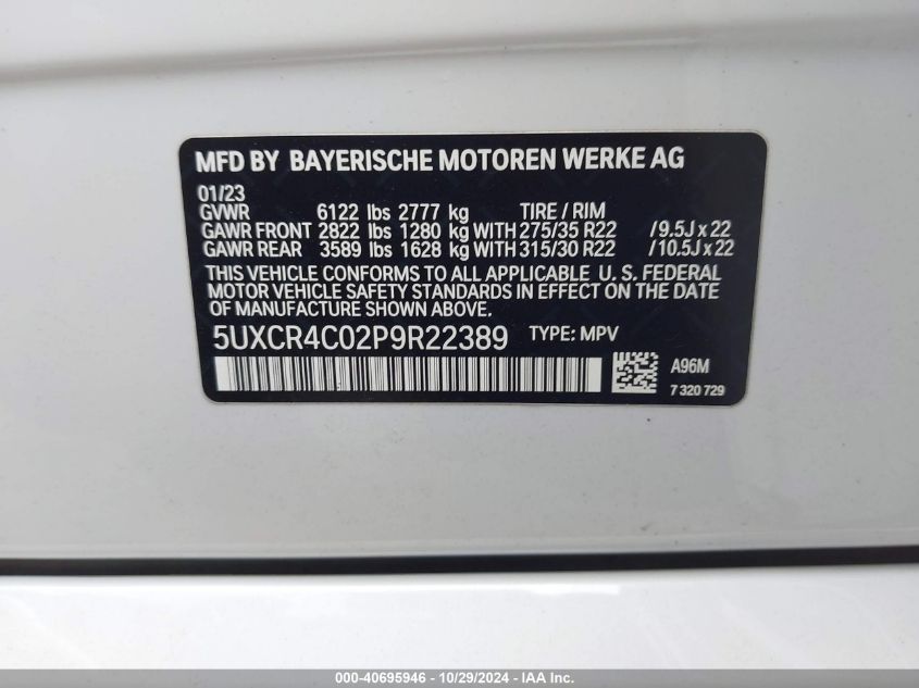 2023 BMW X5 Sdrive40I VIN: 5UXCR4C02P9R22389 Lot: 40695946