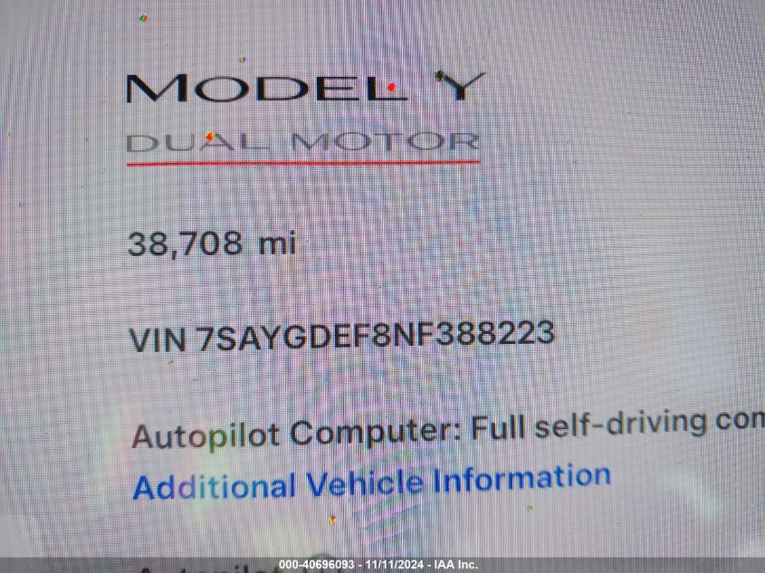 2022 Tesla Model Y VIN: 7SAYGDEF8NF388223 Lot: 40696093