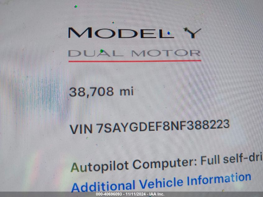 2022 Tesla Model Y VIN: 7SAYGDEF8NF388223 Lot: 40696093