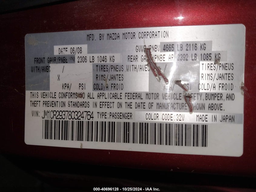 2008 MAZDA MAZDA 5 VIN: JM1CR293780324764
