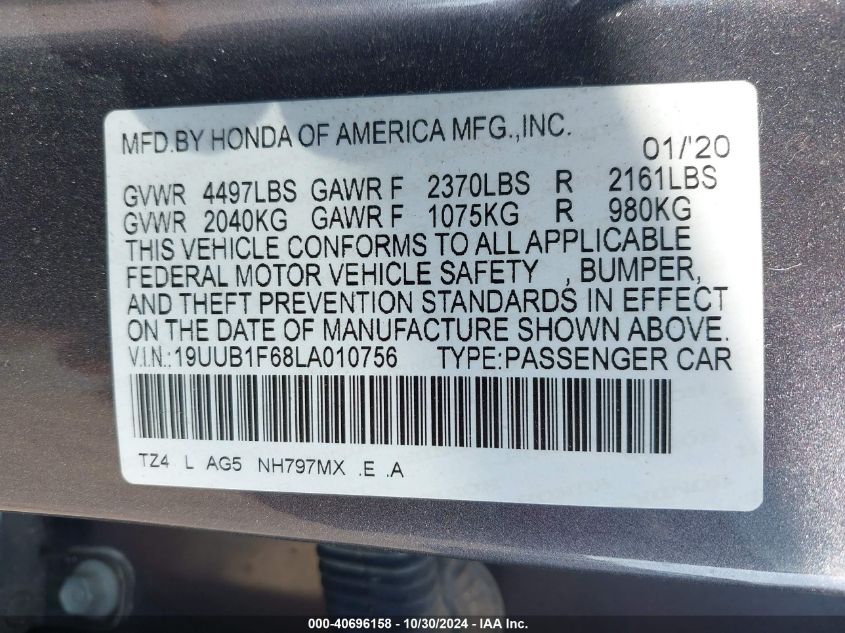2020 Acura Tlx A-Spec/A-Spec W/Red Leather VIN: 19UUB1F68LA010756 Lot: 40696158