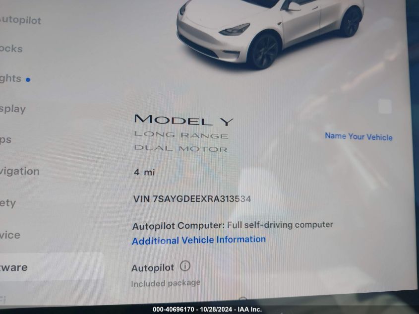 2024 Tesla Model Y Long Range Dual Motor All-Wheel Drive VIN: 7SAYGDEEXRA313534 Lot: 40696170