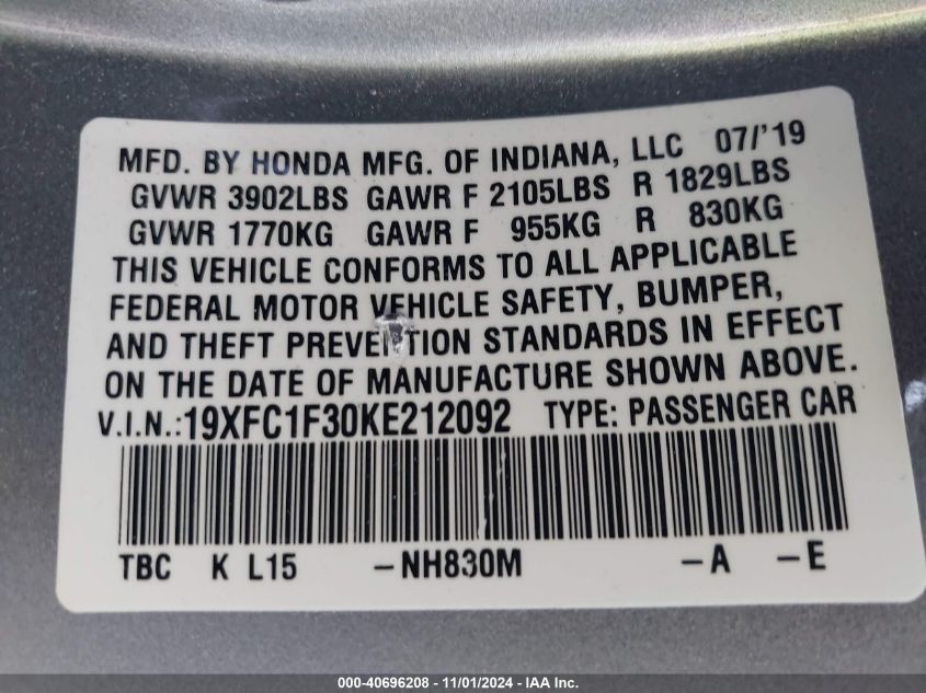 2019 Honda Civic Ex VIN: 19XFC1F30KE212092 Lot: 40696208