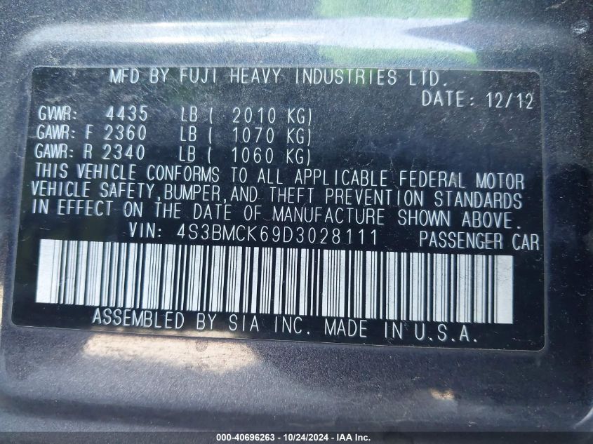 2013 SUBARU LEGACY VIN: 4S3BMCK69D3028111