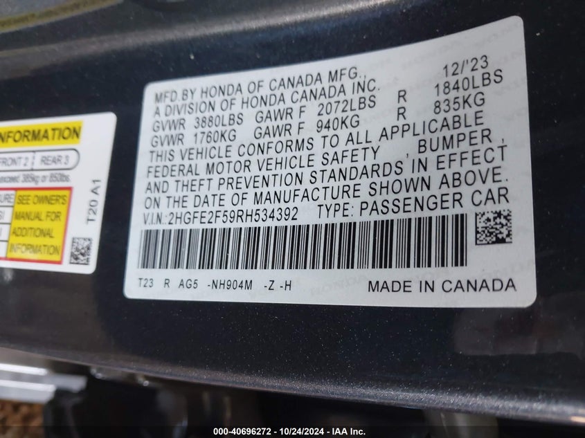 2024 HONDA CIVIC SPORT - 2HGFE2F59RH534392