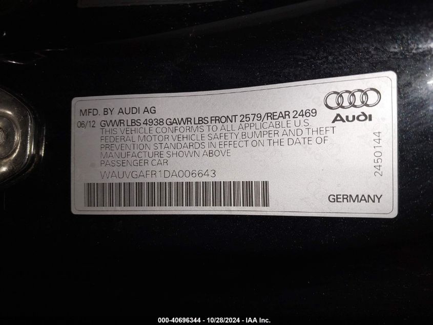 2013 Audi S5 3.0T Premium Plus VIN: WAUVGAFR1DA006643 Lot: 40696344