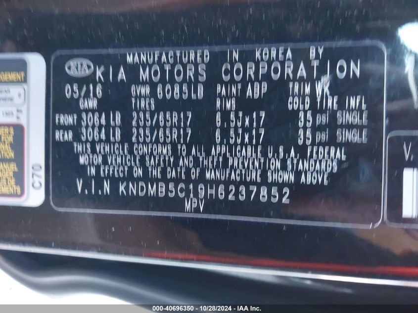 2017 Kia Sedona Lx VIN: KNDMB5C19H6237852 Lot: 40696350