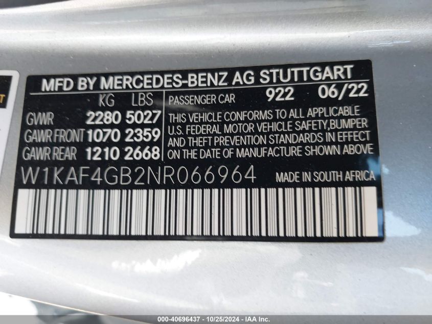 2022 Mercedes-Benz C 300 Sedan VIN: W1KAF4GB2NR066964 Lot: 40696437