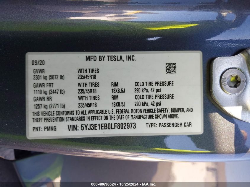 2020 Tesla Model 3 Long Range Dual Motor All-Wheel Drive VIN: 5YJ3E1EB0LF802973 Lot: 40696524