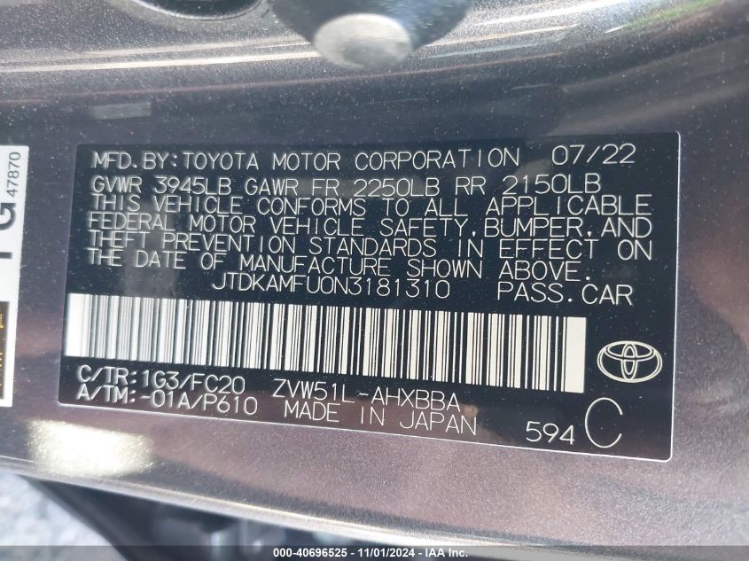 2022 Toyota Prius L VIN: JTDKAMFU0N3181310 Lot: 40696525