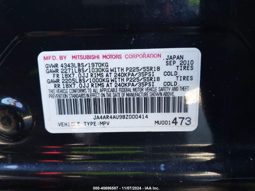 2011 Mitsubishi Outlander Sport Se VIN: JA4AR4AU9BZ000414 Lot: 40696587