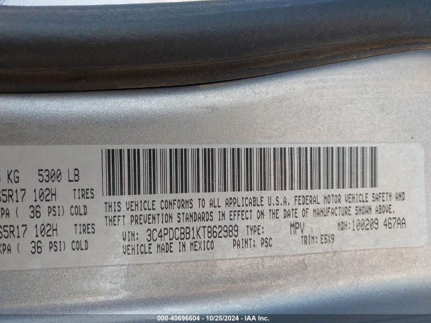 VIN 3C4PDCBB1KT862989 2019 DODGE JOURNEY SE