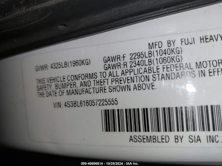 2005 Subaru Legacy 2.5I VIN: 4S3BL616057225555 Lot: 40696614