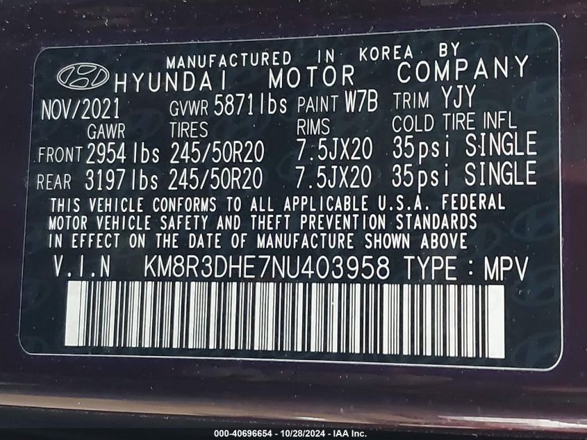 2022 Hyundai Palisade Sel VIN: KM8R3DHE7NU403958 Lot: 40696654