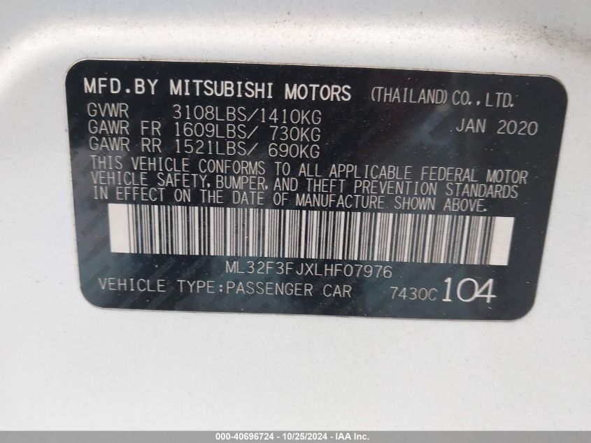 2020 Mitsubishi Mirage G4 Es VIN: ML32F3FJXLHF07976 Lot: 40696724