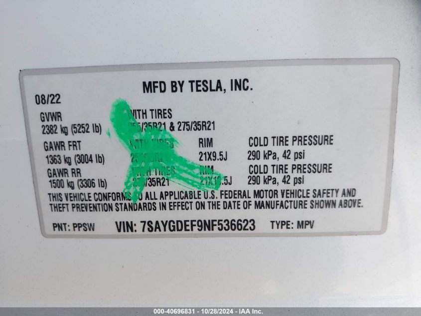 2022 Tesla Model Y Performance Dual Motor All-Wheel Drive VIN: 7SAYGDEF9NF536623 Lot: 40696831