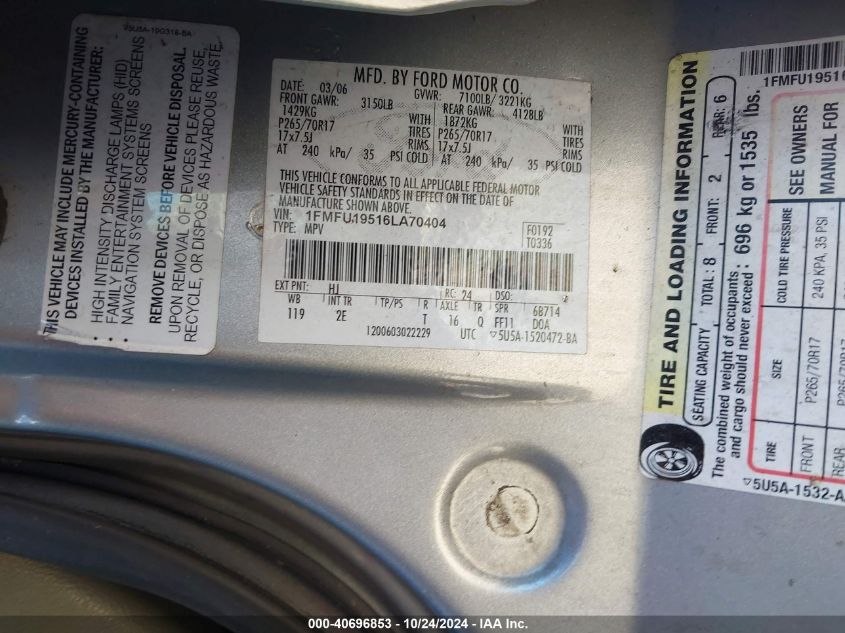 2006 Ford Expedition Limited VIN: 1FMFU19516LA70404 Lot: 41746591