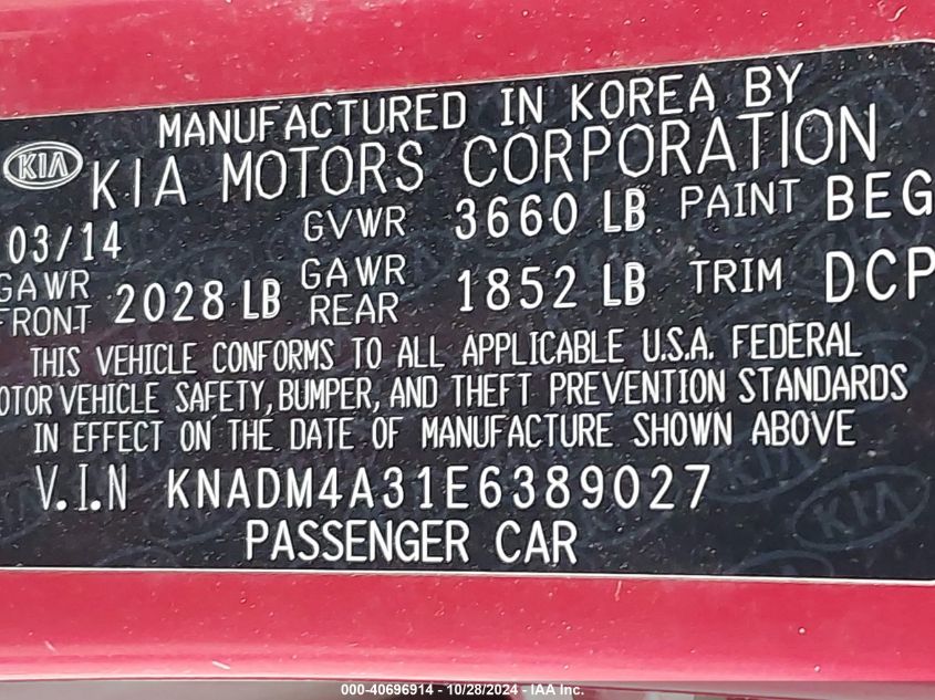 2014 Kia Rio Lx VIN: KNADM4A31E6389027 Lot: 40696914